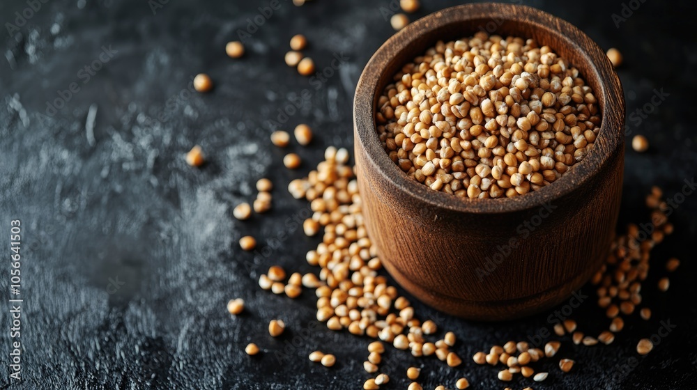 Buckwheat groats in a wooden mug with some scattered on a dark surface