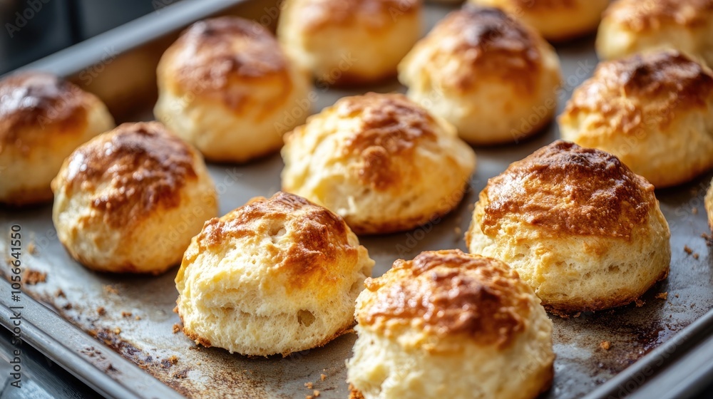 Cheese buns and scones arranged on a metallic baking tray Cheese buns and scones arranged on a metallic baking tray