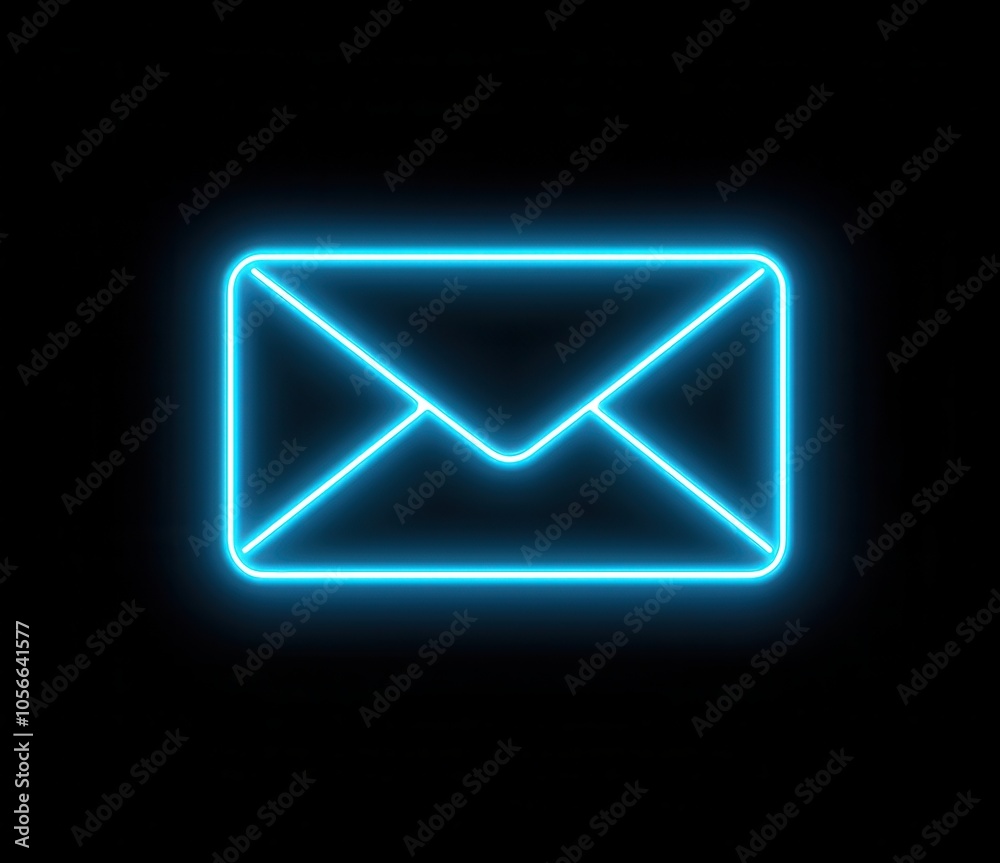 Fototapeta premium Glowing blue neon envelope icon on black background.