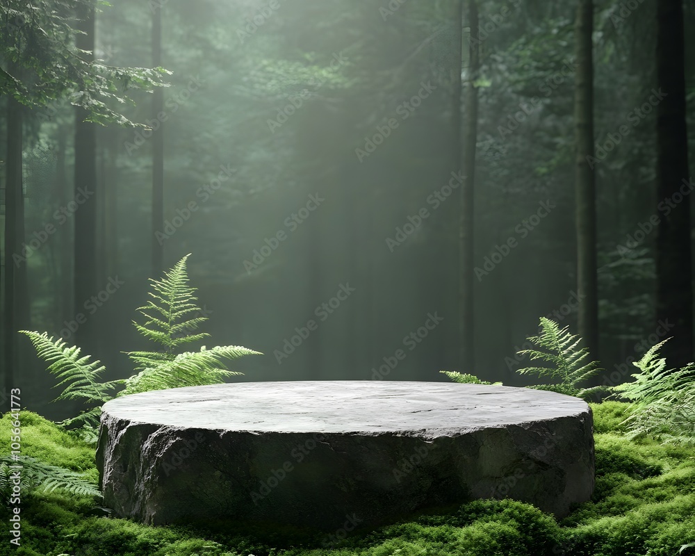A serene stone platform surrounded by lush ferns in a misty forest. A serene stone platform surrounded by lush ferns in a misty forest.