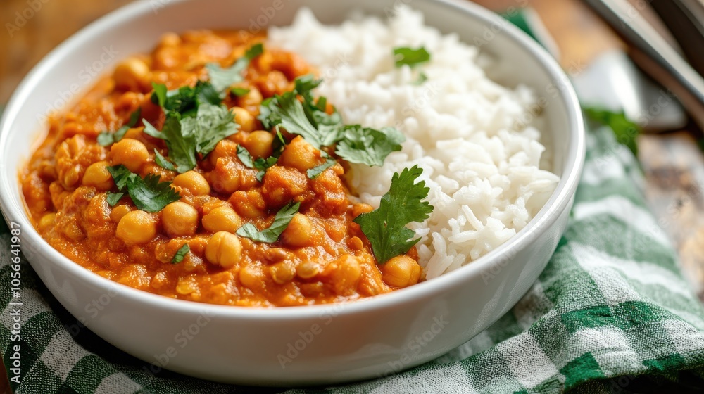 Red lentil curry with chickpeas served with white rice and fresh cilantro elegantly presented in a white bowl atop a green checkered kitchen towel Red lentil curry with chickpeas served with white rice and fresh cilantro elegantly presented in a white bowl atop a green checkered kitchen towel