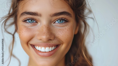 Close-up of the face of a smiling girl with curly hair and snow-white teeth on a white background