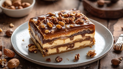 Indulgent layered pastry dessert featuring caramel and nuts ideal for those who enjoy a delightful sweet treat photo