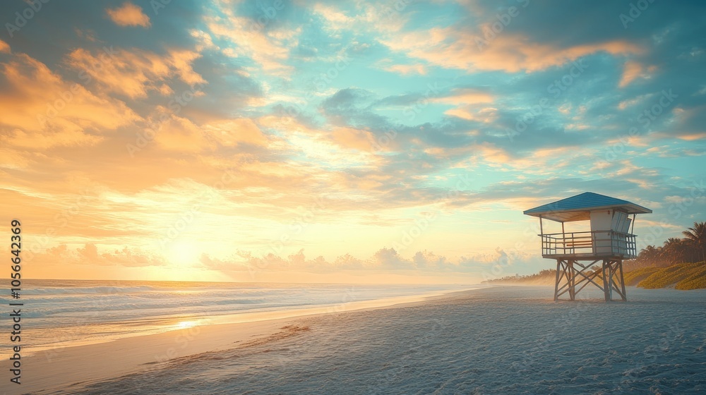 Lifeguard station on a sandy beach during sunrise ensuring safety and security for beachgoers Lifeguard station on a sandy beach during sunrise ensuring safety and security for beachgoers