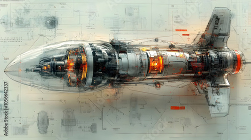 Futuristic Spaceship Design Illustration on Blueprint Background