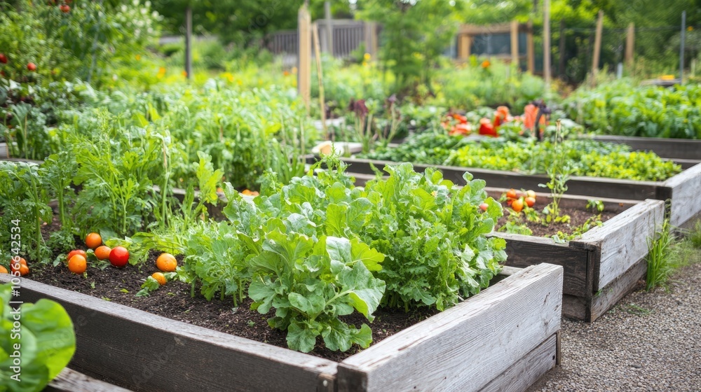 Lush community garden featuring elevated beds brimming with vibrant fresh vegetables during the peak of summer Lush community garden featuring elevated beds brimming with vibrant fresh vegetables during the peak of summer