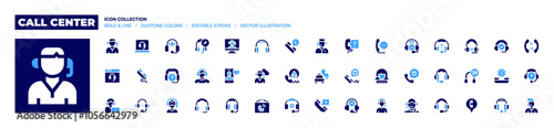 Call center icon collection. Bold style. Duotone colors. headphone, support, call center, call center agent, customer service, customer service agent, telephone