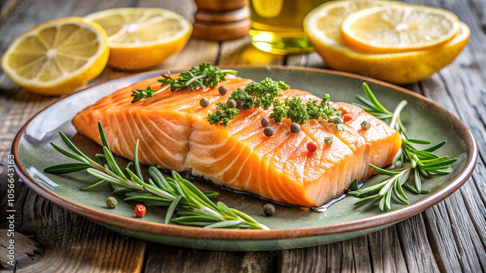 Fresh salmon steak garnished with herbs and lemon slices, perfect for healthy meal Fresh salmon steak garnished with herbs and lemon slices, perfect for healthy meal