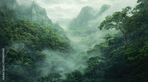 Wallpaper Mural Lush green forest canopy covers the scene complemented by misty mountains appearing softly in the background Torontodigital.ca