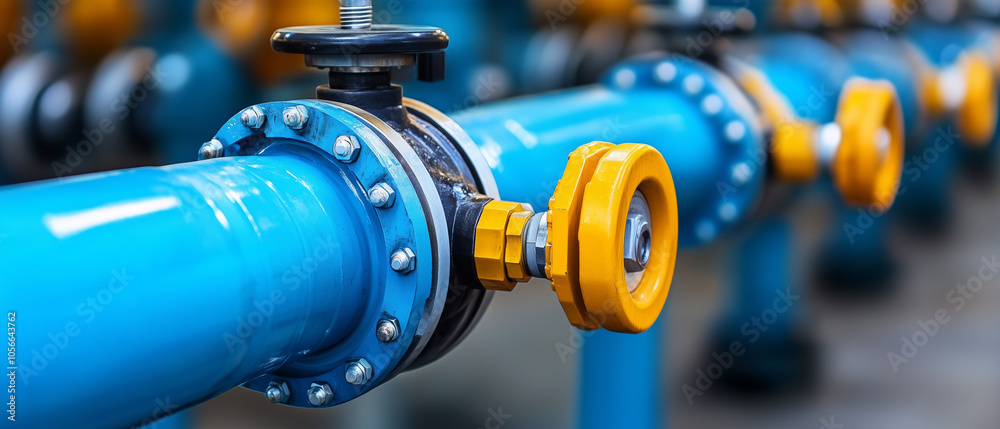 Fototapeta premium Blue Pipe Valve With Yellow Handle.