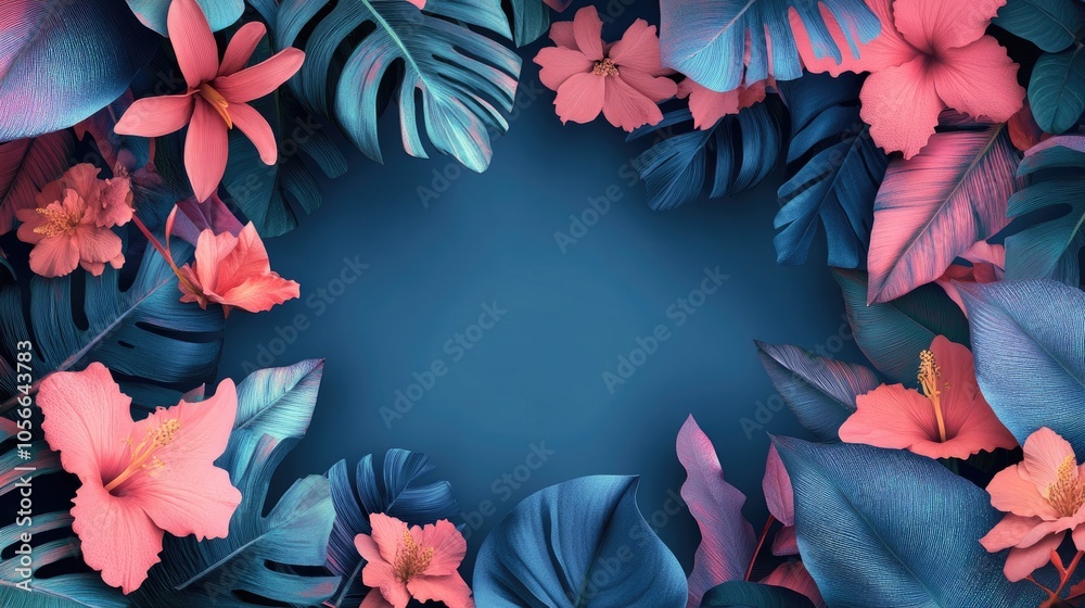 custom made wallpaper toronto digitalVibrant and artistic frame crafted from tropical leaves and flowers in shades of pink and blue Ideal background featuring exotic plants for postcards web design and more