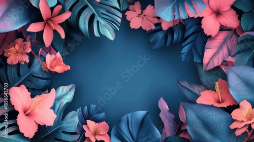Wallpaper Mural Vibrant and artistic frame crafted from tropical leaves and flowers in shades of pink and blue Ideal background featuring exotic plants for postcards web design and more Torontodigital.ca
