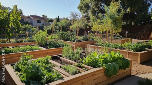 Lush community garden featuring elevated beds brimming with vibrant fresh vegetables during the peak of summer