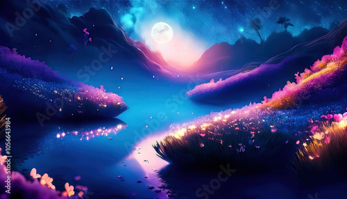 A serene night scene under a blue starry sky, with a glowing crescent moon. Green trees are illuminated by the soft light of fireflies, creating a magical and peaceful atmosphere.