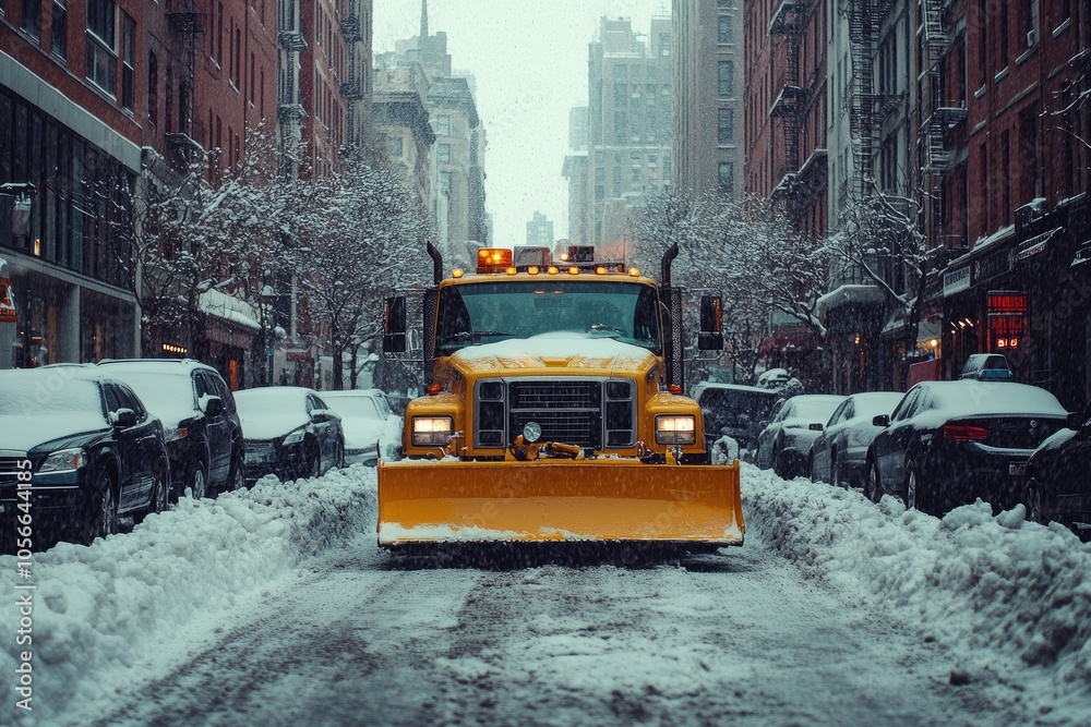 Snowplow truck removing snow on a city street during snowfall