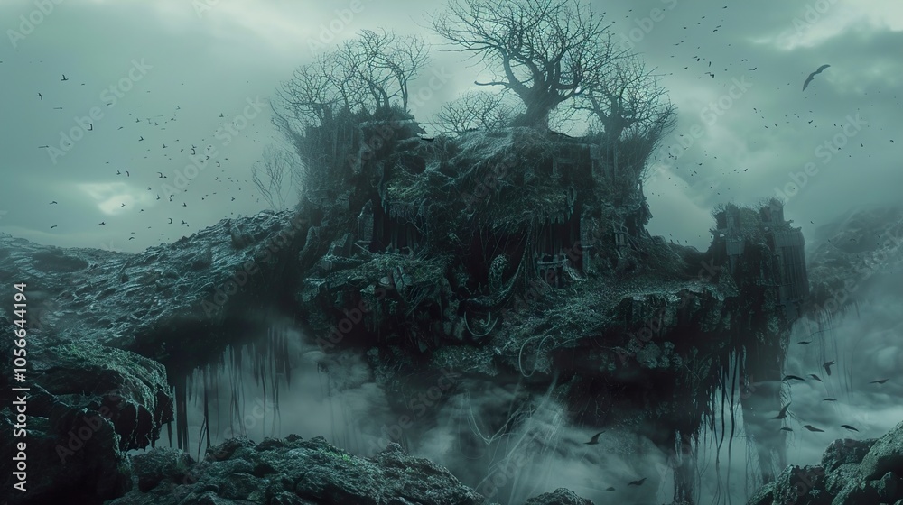 Eerie Ruins in a Foggy Fantasy Landscape