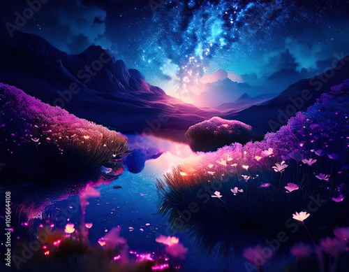 A serene night scene under a blue starry sky, with a glowing crescent moon. Green trees are illuminated by the soft light of fireflies, creating a magical and peaceful atmosphere.