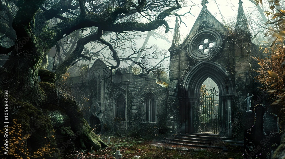 Overgrown Gothic Church Ruins - A Haunting Landscape