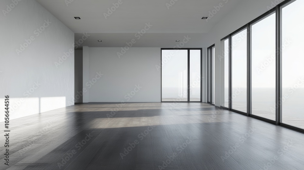 A large, empty room with a window and a door. The room is very clean and has a modern feel A large, empty room with a window and a door. The room is very clean and has a modern feel