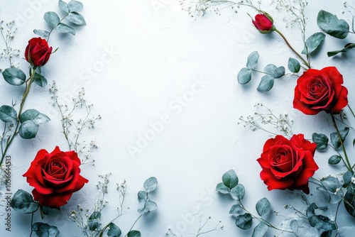 Red roses and eucalyptus leaves creating a floral frame on white background photo