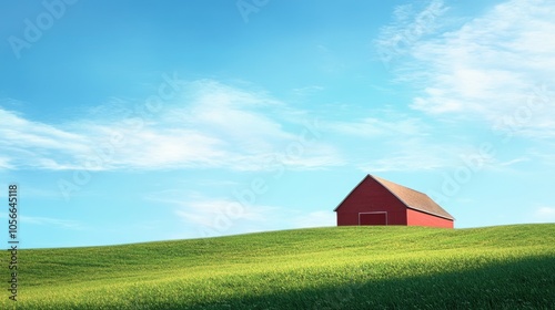 Red barn on a grassy hill against a bright blue sky showcasing a simple and serene rural landscape