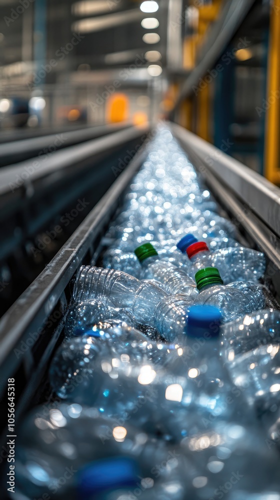 Plastic bottles moving on conveyor belt recycling center Plastic bottles moving on conveyor belt recycling center