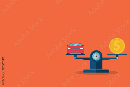 Car and coin on the scale. Vehicle value concept	