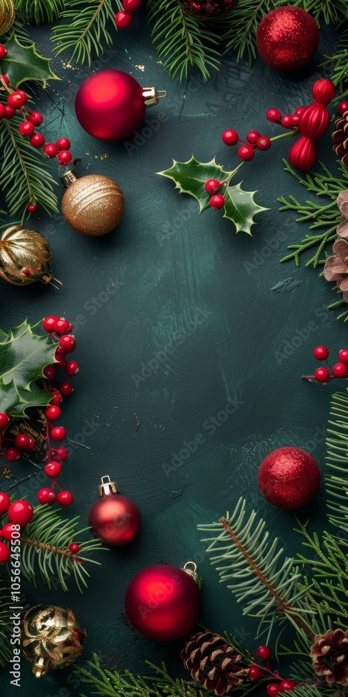 A green background with red and gold ornaments and berries. The image is of a Christmas tree with a variety of ornaments and berries A green background with red and gold ornaments and berries. The image is of a Christmas tree with a variety of ornaments and berries