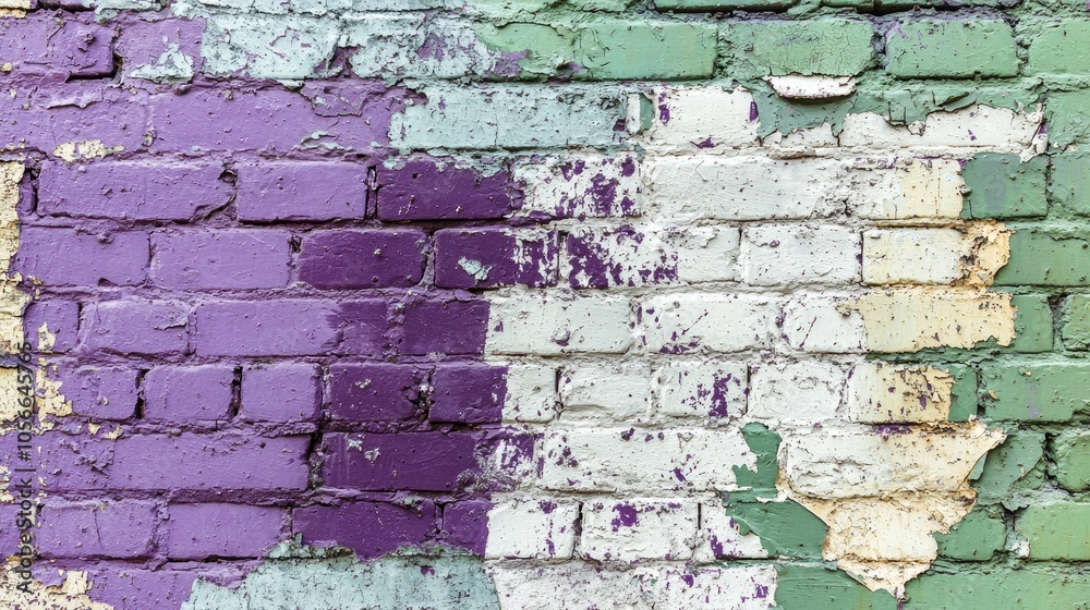 Fototapeta premium Part Of A Brick Wall With Old Paint Purple White Purple Green Close Up