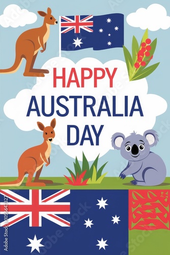 Kangaroos and koala celebrating australia day with flag and golden wattle
