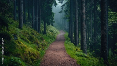 A tranquil pathway meanders through a forest of towering trees in the mountains