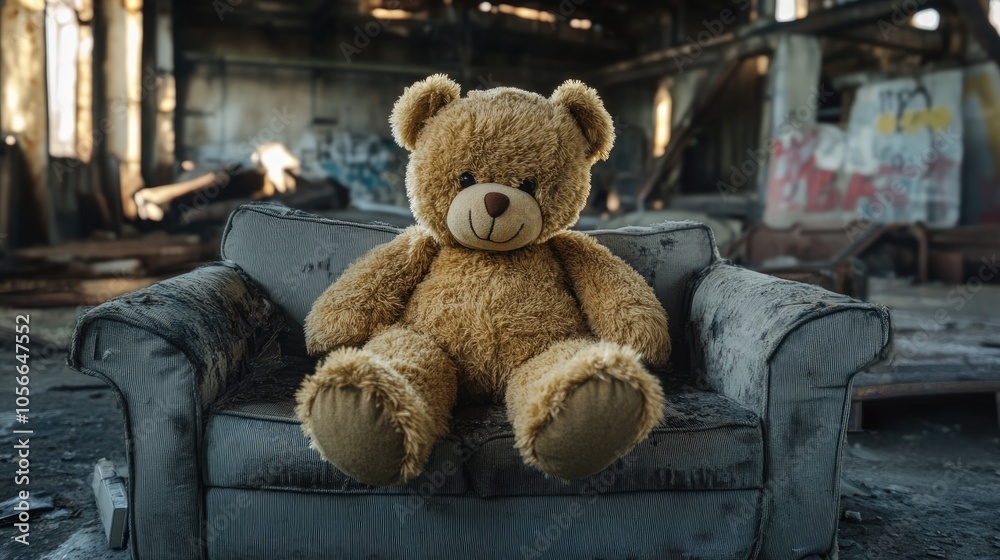 Teddy bear placed on a couch inside a deserted structure Teddy bear placed on a couch inside a deserted structure