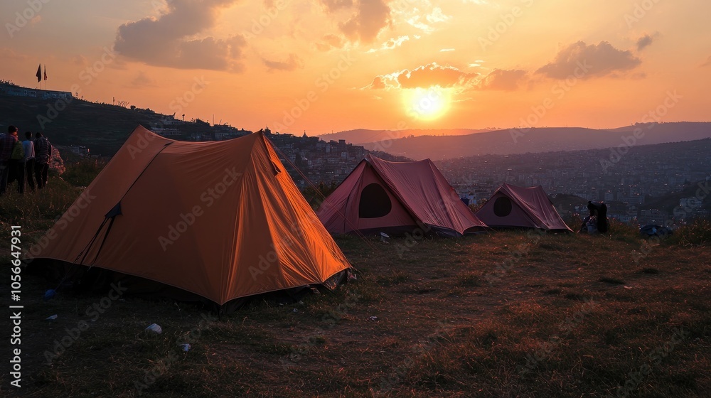 Tents set up on a hillside during sunset