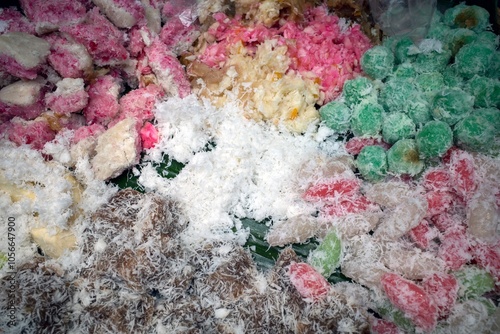 Colorful klepon, cenil, red and white klepon, gethuk, Indonesian traditional snacks called jajanan pasar photo