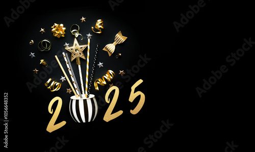 Fotografija 2025 Party and celebration with golden prop and ornament on dark color background