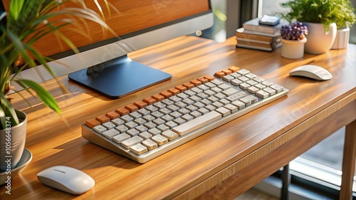 A sunlit desk featuring a mechanical keyboard and potted plants. The modern workspace is equipped with a computer monitor and minimalistic design elements, ideal for creative work...