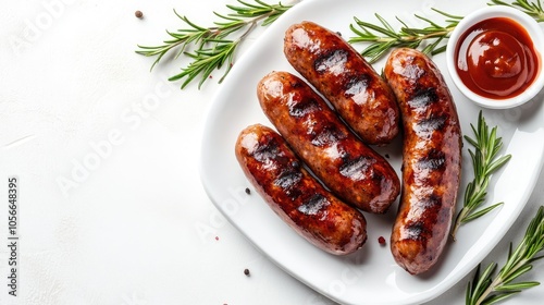 Grilled succulent sausages on a white platter garnished with rosemary and condiments captured from above offering space for text