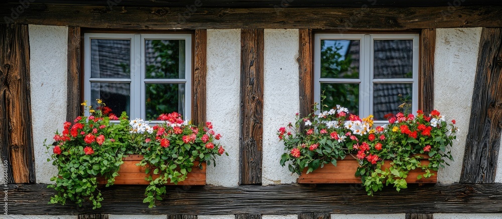 Two Windows In Renovated Half Timbered House With Flowers In Flower Box Two Windows In Renovated Half Timbered House With Flowers In Flower Box