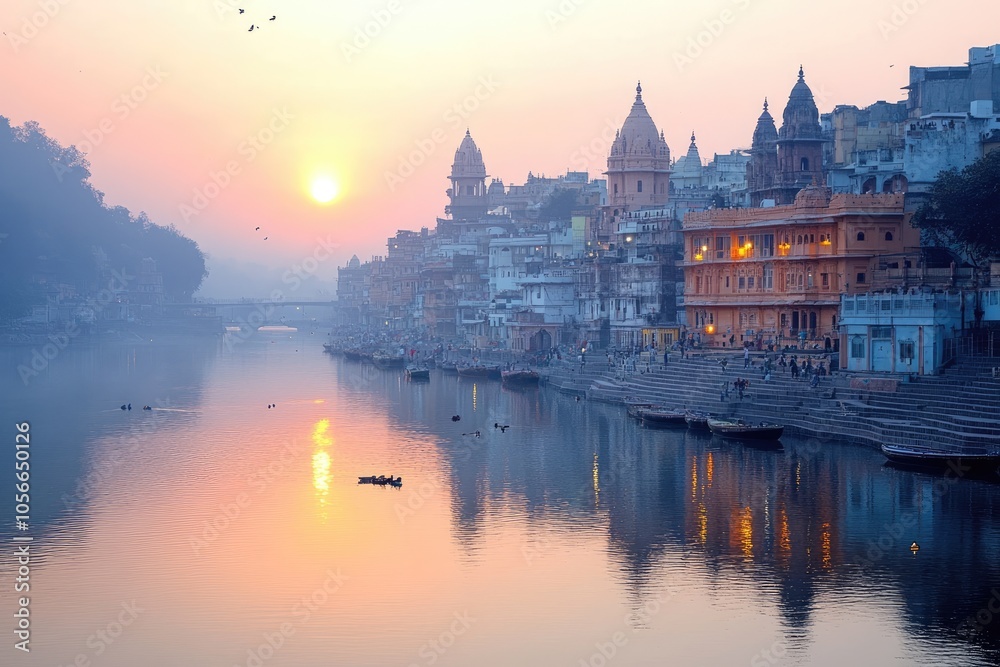 Obraz premium Sunrise illuminating ganges river and varanasi ghats in india