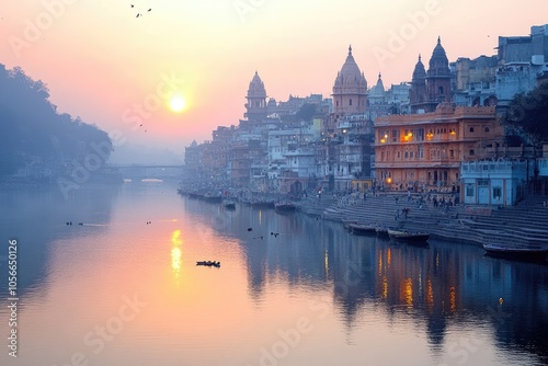 Sunrise illuminating ganges river and varanasi ghats in india