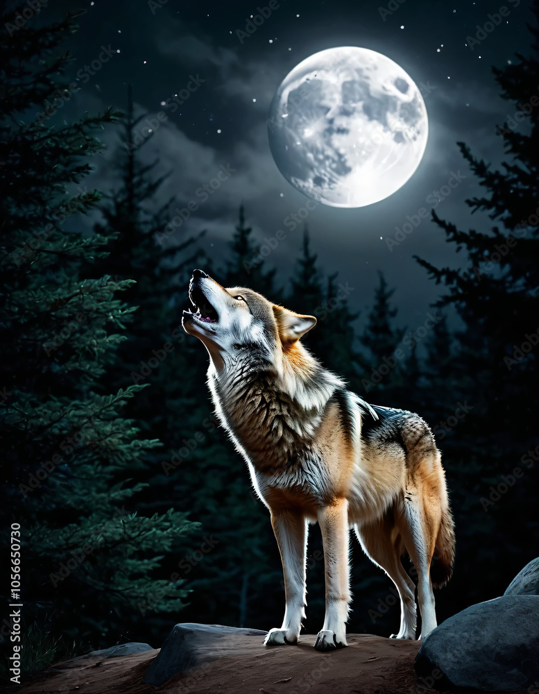 A majestic alpha wolf stands before the full moon and howls in a dense forest. The night is dark and mysterious as the moonlight breaks through the trees and bathes the wolf in a silvery light. A majestic alpha wolf stands before the full moon and howls in a dense forest. The night is dark and mysterious as the moonlight breaks through the trees and bathes the wolf in a silvery light.