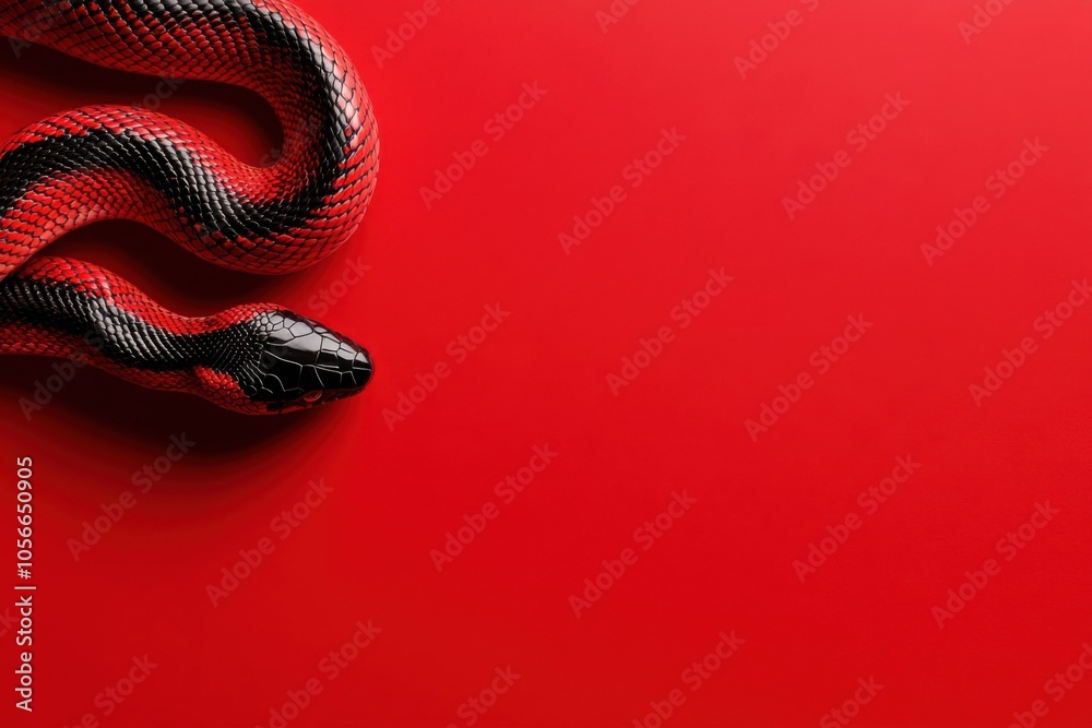 Fototapeta premium Red and black snake slithering on red background
