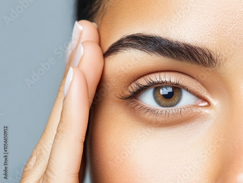 Close-up of a woman’s eye and brow, showcasing clear skin, defined eyebrow, and meticulous grooming.