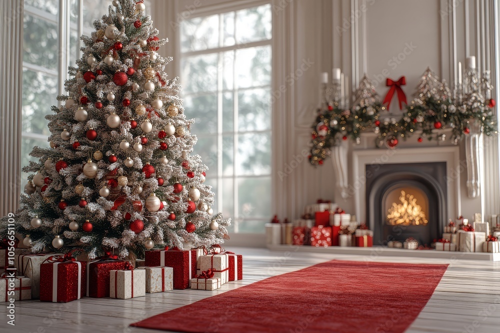 3D Christmas Tree Decorated with Red and White Ornaments, Presents Underneath, and Fireplace to the Right Against a White Wall. 3D Christmas Tree Decorated with Red and White Ornaments, Presents Underneath, and Fireplace to the Right Against a White Wall.