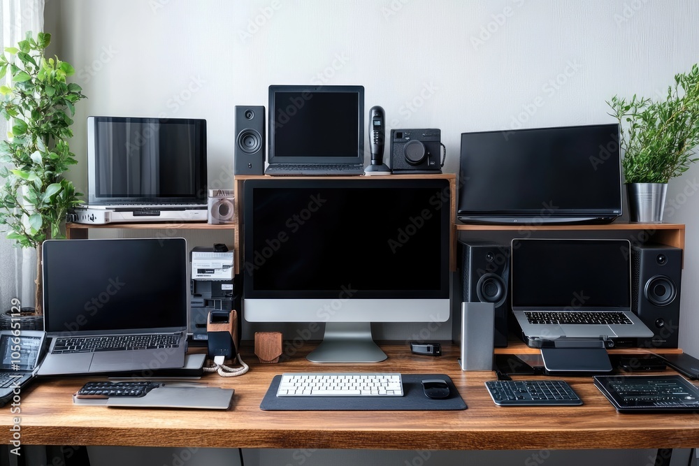 Modern home workstation featuring multiple laptops, computer, and screens showcasing a productive workspace Modern home workstation featuring multiple laptops, computer, and screens showcasing a productive workspace