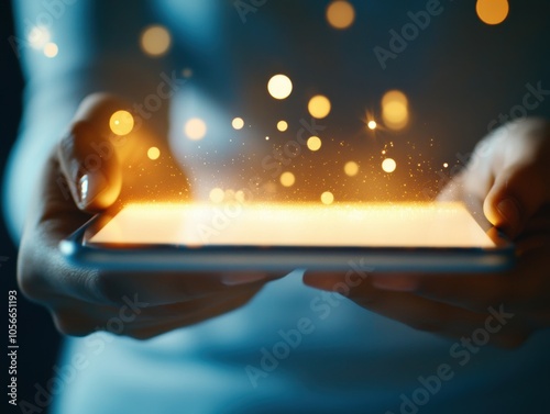  A person holding a digital tablet with glowing light particles emerging, symbolizing technology, innovation, and digital magic.