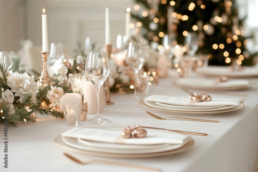 Christmas table setting decorated with candles, flowers, and fairy lights Christmas table setting decorated with candles, flowers, and fairy lights