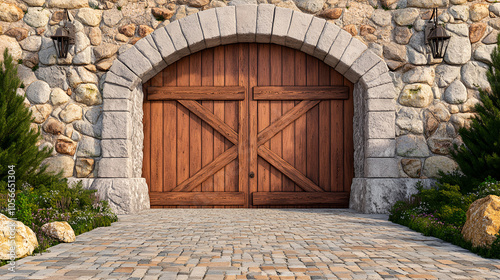 A large wooden door swings open within the rock castle wall. photo