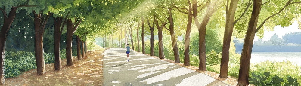 Person jogging on a scenic path lined with trees and sunlight. Person jogging on a scenic path lined with trees and sunlight.