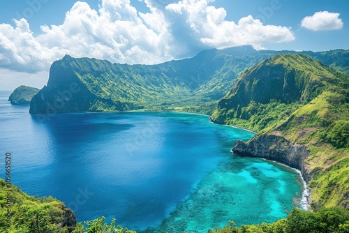 Stunning tropical bay showing pristine turquoise water and lush green mountains in american samoa